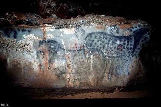 Ein Paar Wildpferde auf einer Felsoberfläche in der Pech-Merle-Höhle in Frankreich, die vor etwa 30.000 Jahren entstanden sind