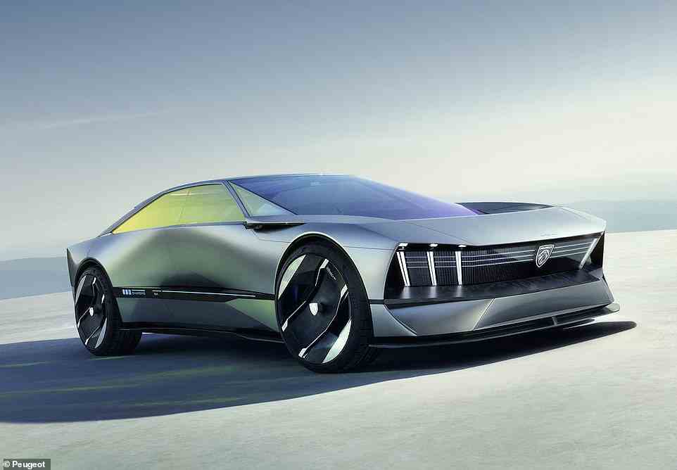 Stretching to some five metres long, the 100 per cent electric Peugeot has the low (1.34 metre) sleek silhouette profile of an aerodynamic coupe