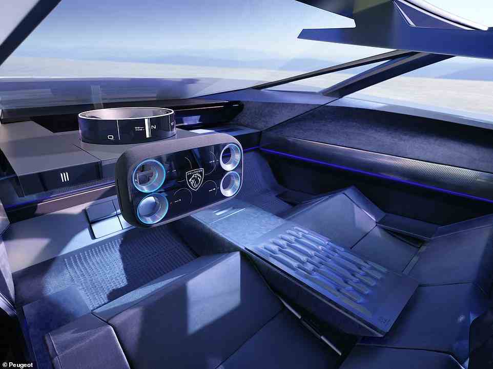 As self-driving technology and the law allows, Peugeot says the intention is that the Hypersquare controller retracts – along with the low-slung dashboard - and a large panoramic screen slides out from the floor