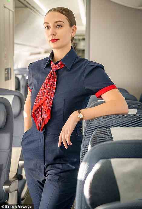 Die Uniformkollektion umfasst einen „modernen Overall“ (oben) für das weibliche Kabinenpersonal, der als „Airline First“ bezeichnet wird.