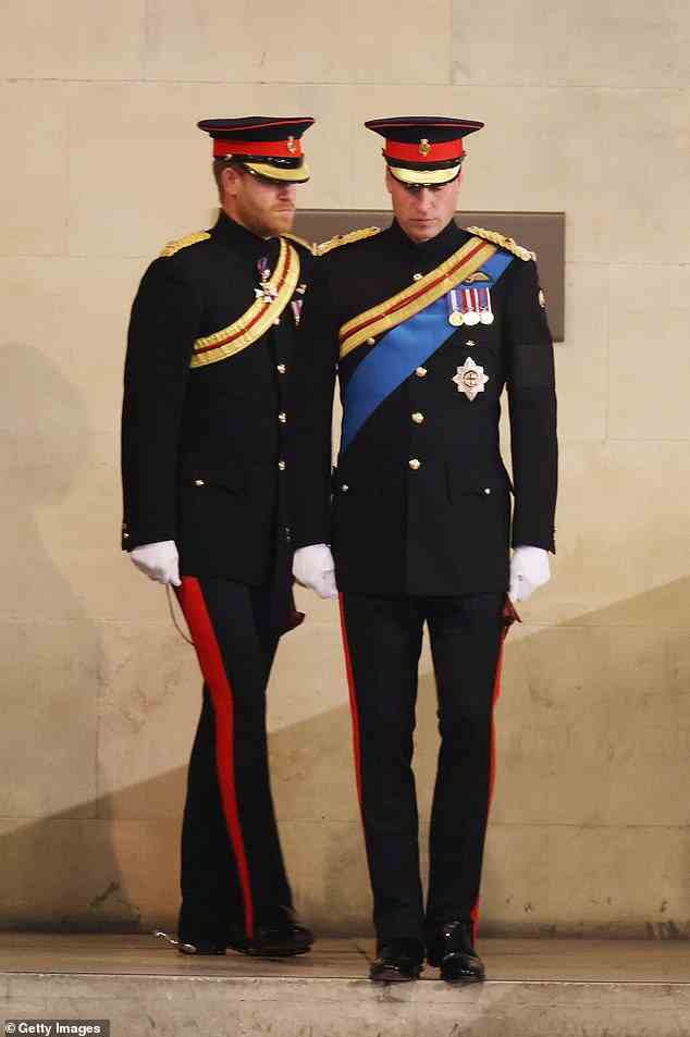 Harry claims William was not being rational during their argument about Meghan, leading to a shouting match (Pictured: Harry and William arrive to hold a vigil in honour of Queen Elizabeth II at Westminster Hall in September last year)