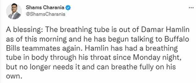 Hamlin begann am Mittwoch schriftlich mit den Ärzten zu kommunizieren, war jedoch aufgrund seines Atemschlauchs daran gehindert worden, zu sprechen.  Nachdem dies entfernt wurde, hat der 24-Jährige begonnen, mit Teamkollegen des Medical Center der University of Cincinnati zu sprechen, berichtet Shams Charania von The Athletic