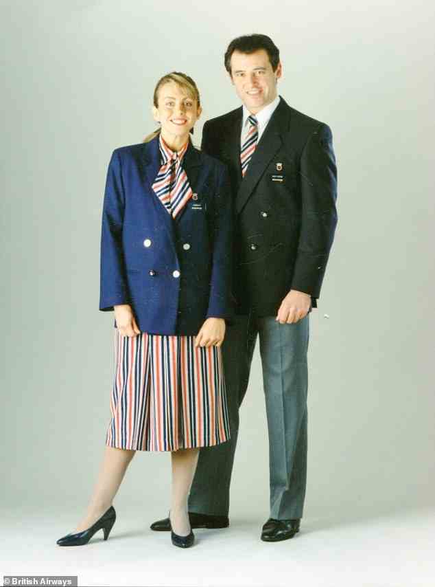 It was a wool navy jacket and a grey skirt which was worn with a long blouse with red, blue and grey stripes