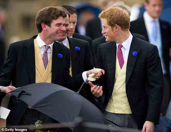 James Meade pictured with Prince Harry while they attend the wedding of Prince William's other 'real' best man, Thomas Van Straubenzee