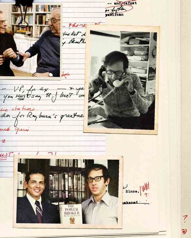 Collage aus Bildern von Robert Caro und Robert Gottlieb, über einer mit Rotstift beschrifteten Notizbuchseite