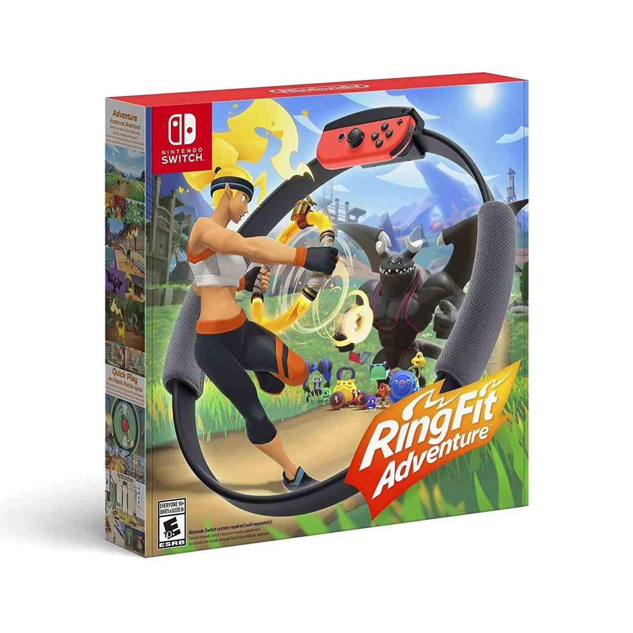 Ring Fit Adventure für Nintendo Switch-Box mit ringförmiger Fitness-Tool-Abenteuerszene auf weißem Hintergrund