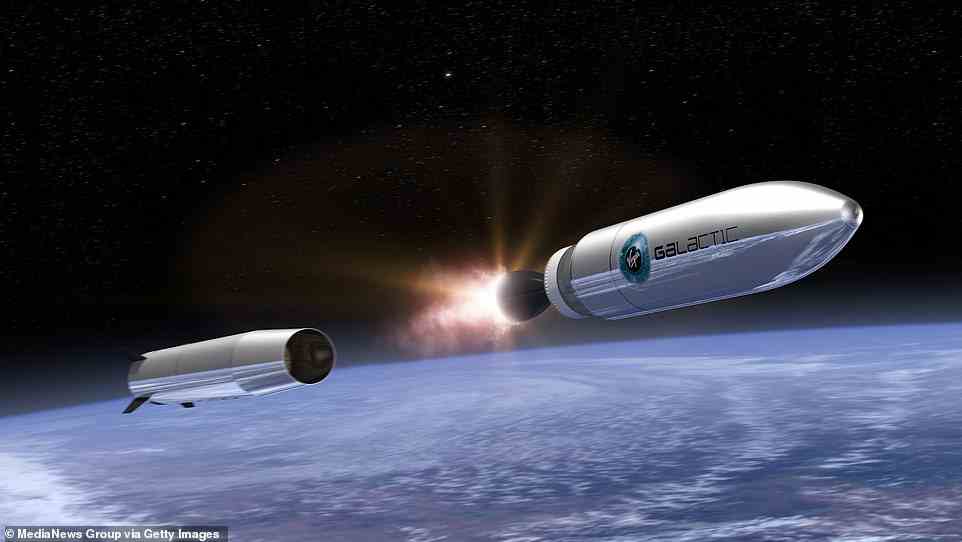 LauncherOne will catapult its onboard satellites into space at 8,000 miles per hour (pictured in an artist's impression)