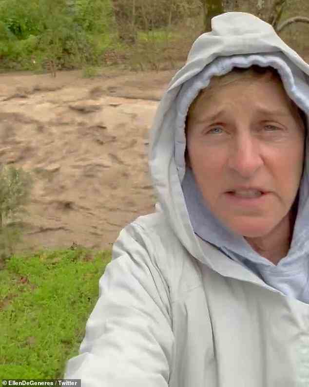Ellen DeGeneres urged people to 'be kind to Mother Nature' as she documented in a video (pictured) how the creek next to her Montecito home was overflowing Monday night