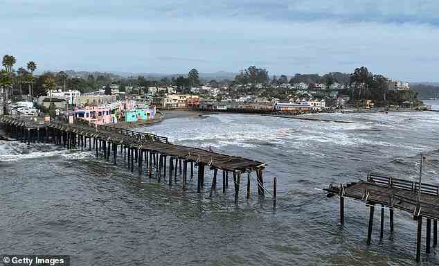 Damage to a jetty is seen in Capitola Wharf following a powerful winter storm on January 6, 2023 in Capitola, California