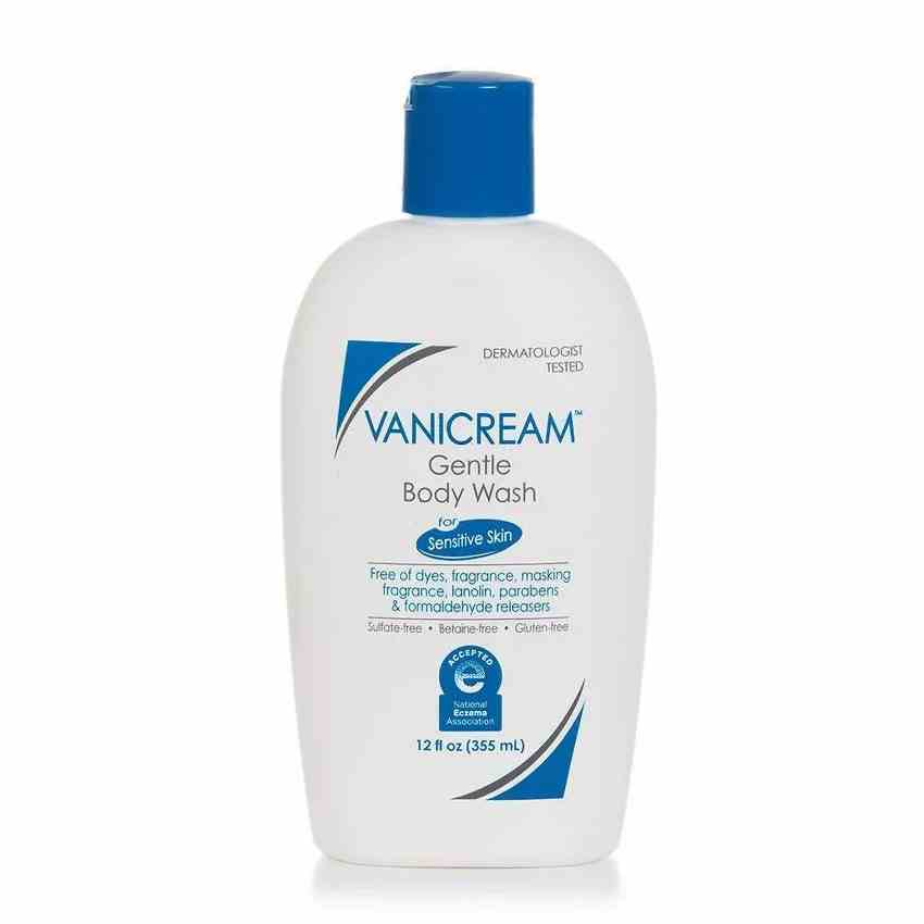 Vanicream Gentle Body Wash weiße Flasche mit blauem Text und Kappe auf weißem Hintergrund