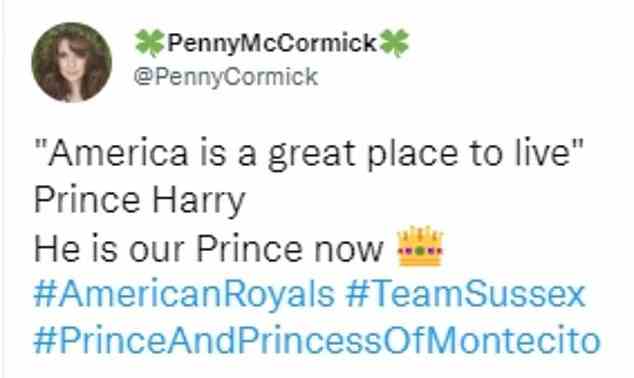 One Twitter user quoted Harry telling Colbert that 'America is a great place to live'. 'He's our Prince now,' they wrote