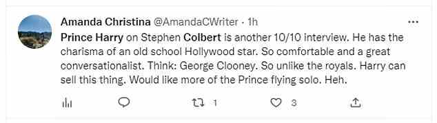 'Prince Harry on Stephen Colbert is another 10/10 interview,' this user wrote. 'He has the charisma of an old school Hollywood star. So comfortable and a great conversationalist. Think: George Clooney. So unlike the royals. Harry can sell this thing'