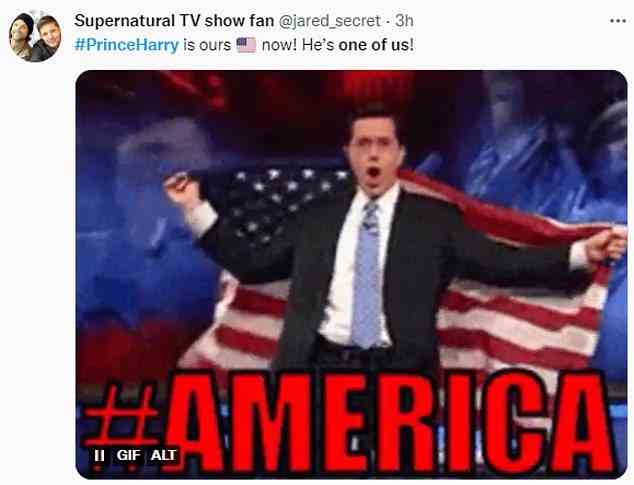 'Prince Harry is ours now! He's one of us!' this Twitter user writes, with an accompanying gif of Stephen Colbert waving an American flag
