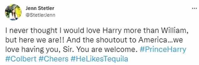 Another tweeted: 'I never thought I would love Harry more than William, but here we are!! And the shoutout to America¿ we love having you, Sir. You are welcome'