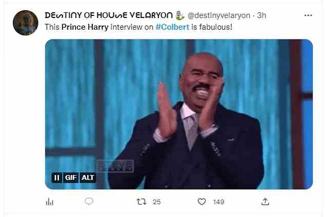 'The Prince Harry interview on #Colbert is fabulous!' another Twitter user said, with an accompanying gif of TV host Steve Harvey clapping and cheering (pictured)