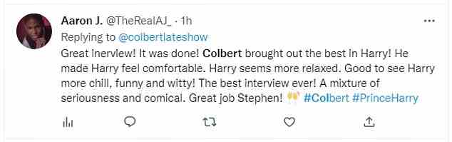 'Colbert brought out the best in Harry! He made Harry feel comfortable. Harry seems more relaxed. Good to see Harry more chill, funny and witty. [...] A mixture of serious and comical'