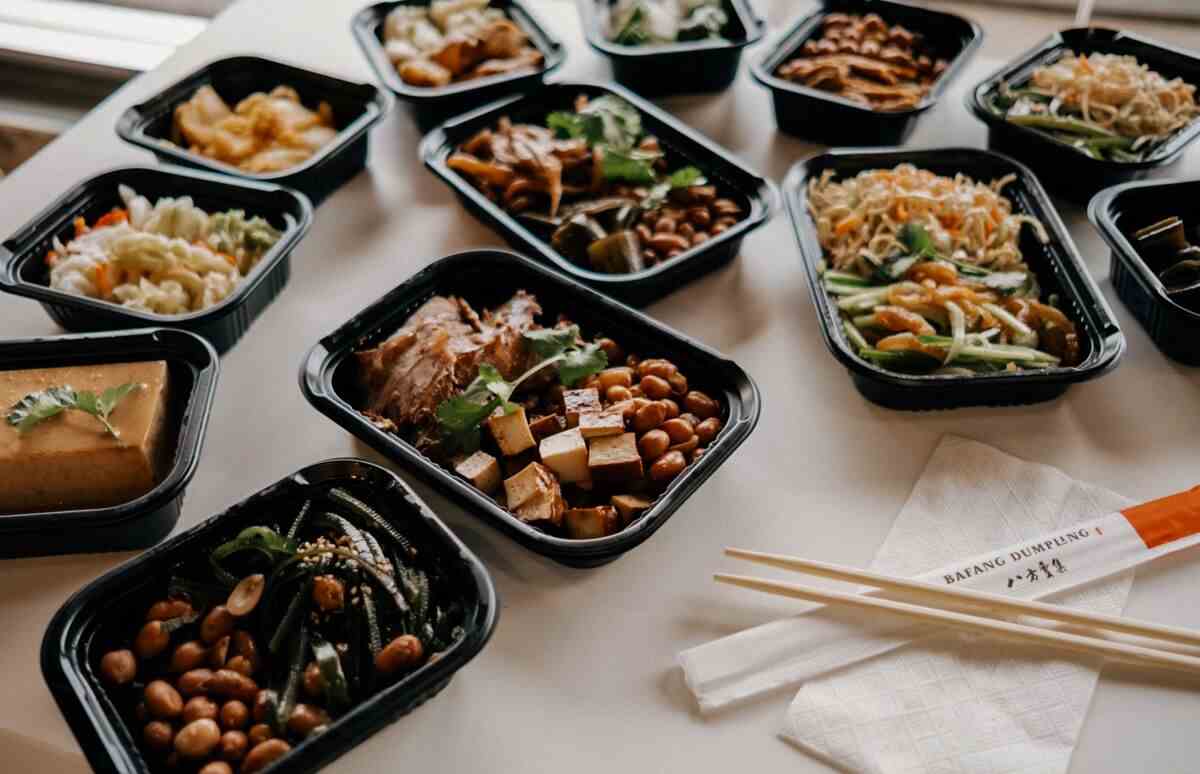 Ein Foto einer Reihe taiwanesischer Gerichte in schwarzen To-Go-Behältern auf einem weißen Tisch.
