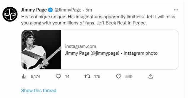 Much-missed: Legendary Led Zeppelin guitarist Jimmy Page, 79, who played alongside one another in psychedelic rock band The Yardbirds and collaborated on 1966 instrumental, Beck's Bolero, posted a photo of Beck alongside an emotional message