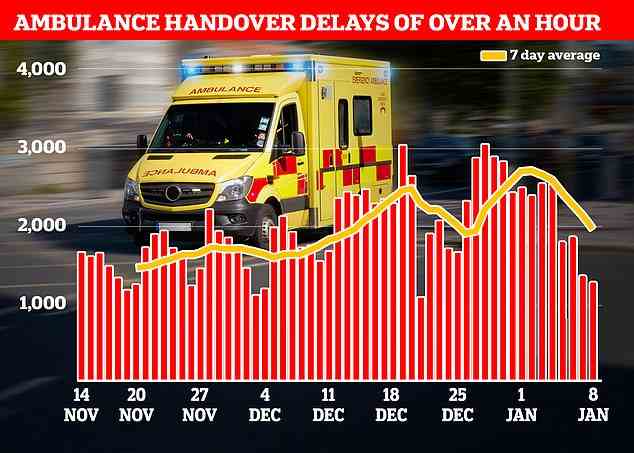 NHS data shows that in the week to January 8, 13,564 ambulances queued for more than one hour outside of hospitals (shown in red bars), down 28 per cent from 18,720 one week earlier