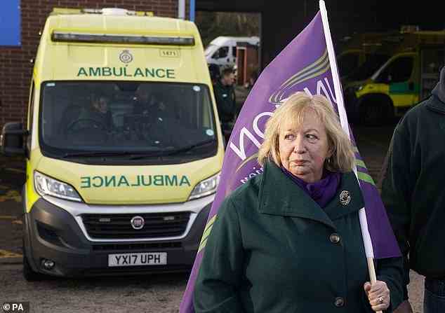 Unison's £120,000-a-year leader general secretary and former Communist Party member Christina McAnea joins ambulance workers on the picket line outside Longley Ambulance Station in Sheffield today as staff across England and Wales walk off the job for 24 hours
