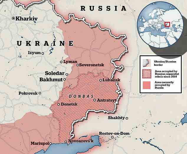 A map shows the eastern region of Ukraine along the Russian border, and the areas currently occupied by invading Russian forces. Soledar and Bakhmut sit on the frontlines