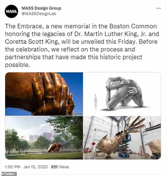 Es wurde von Hank Willis Thomas und der MASS Design Group entworfen und aus 126 Vorschlägen ausgewählt und auf dem Boston Common, nicht weit von dem Ort, an dem King 1965 eine Kundgebung anführte, installiert