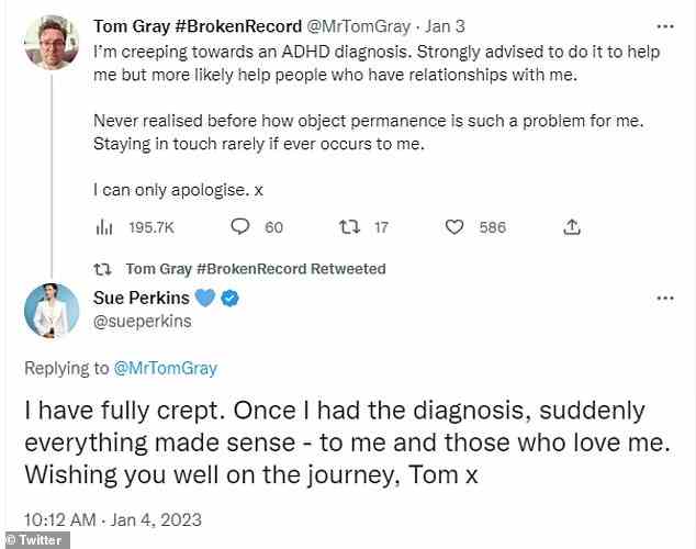The former Great British Bake Off host, 53, made the revelations in a response to a Twitter post by Gomez guitarist Tom Gray, who admitted that he was 'creeping' towards his own diagnosis of the disorder