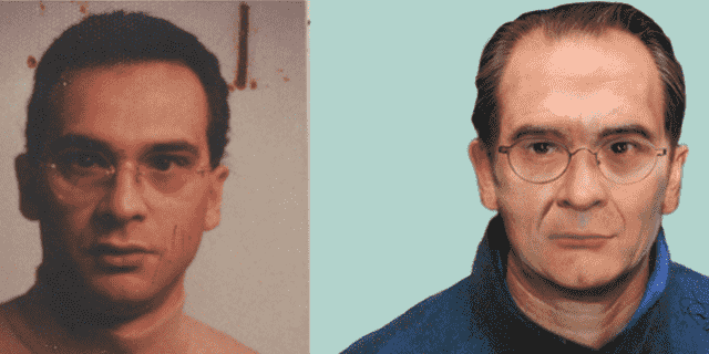 Ein zusammengesetztes Bild, das ein computergeneriertes Bild zeigt, das von der italienischen Polizei veröffentlicht wurde, rechts, und ein Bild des Mafia-Oberbosses Matteo Messina Denaro.