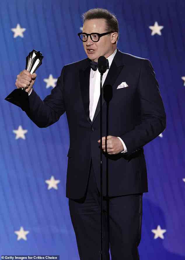 Fraser, 54, took home the award for Best Actor at the Critics Choice Awards - marking the first time he won at a major awards show, despite a decades-long career