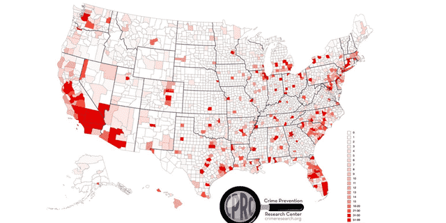 Eine vom Crime Prevention Research Center erstellte Karte zeigt, wo sich die Morde in den USA konzentrieren
