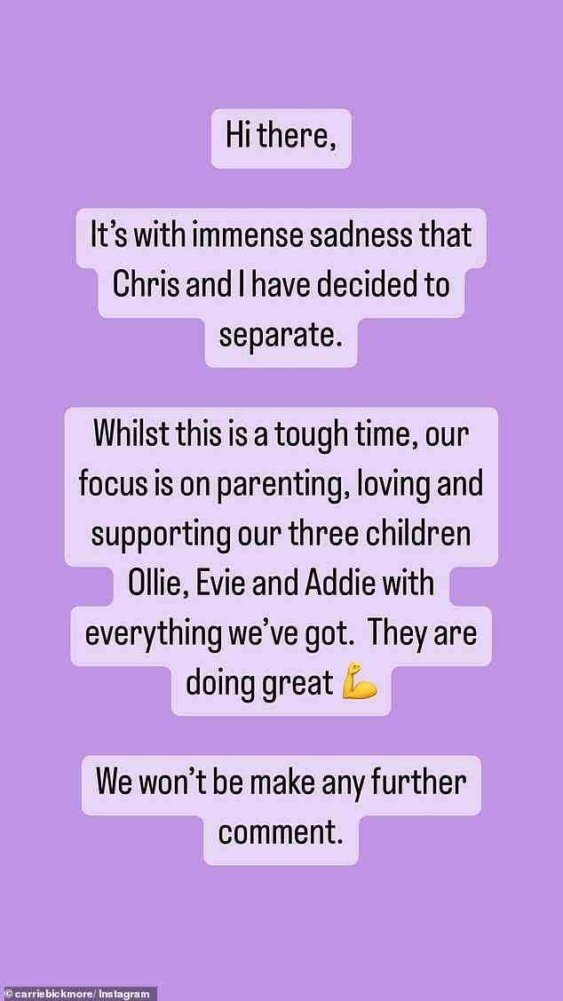 Die Fernsehmoderatorin kündigte ihre Trennung in einem Instagram-Post an und sagte, das Paar konzentriere sich darauf, ihre drei Kinder Ollie (15), Evie (sieben) und Adelaide (vier) gemeinsam zu erziehen