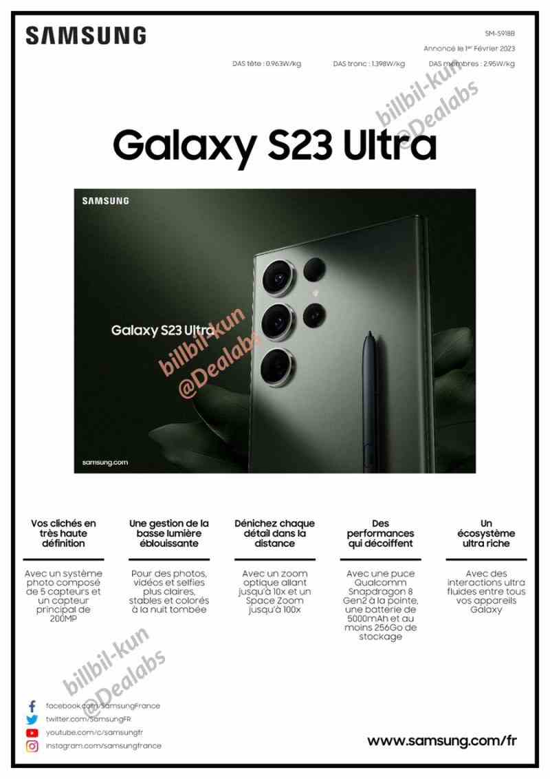 Durchgesickerte Datenblätter von Samsungs kommendem S23 Ultra.