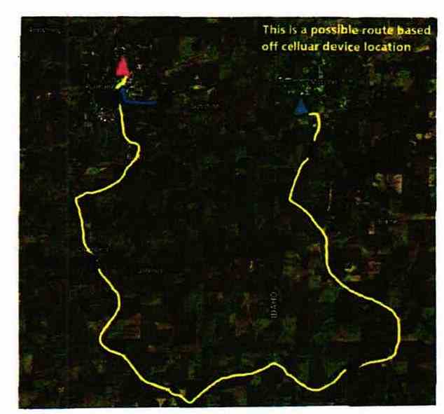 A police depiction of the route they believe Kohberger took on the night of the murders that matches his cell phone signal and the movements of the Elantra