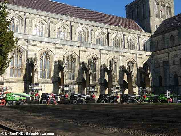 On set: The stunning Gothic church had cordons in place at the weekend