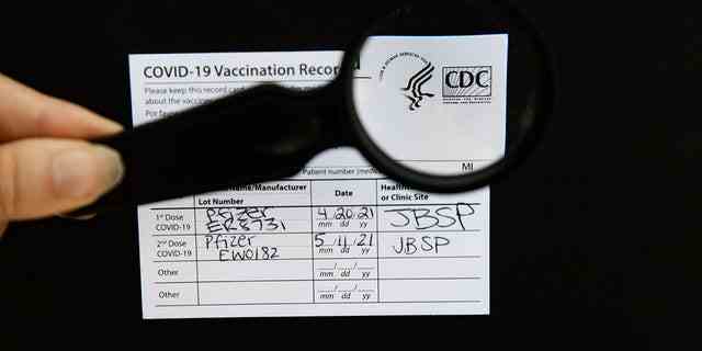 Ein Foto einer Hand, die eine Lupe verwendet, um die Echtheit des Covid-19-Impfausweises zu überprüfen, aufgenommen am 15. August 2021. 