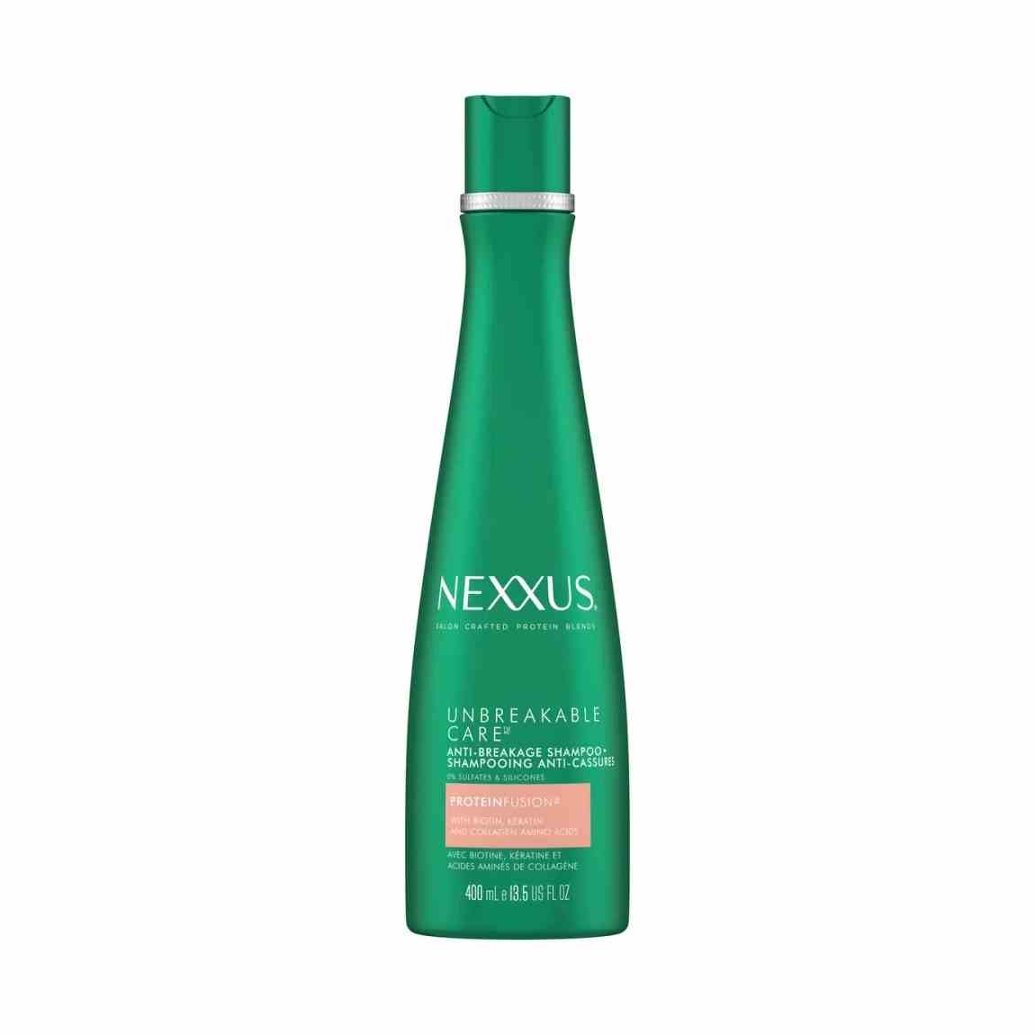 Nexxus Unbreakable Care Anti-Breakage Shampoo grüne Flasche auf weißem Hintergrund