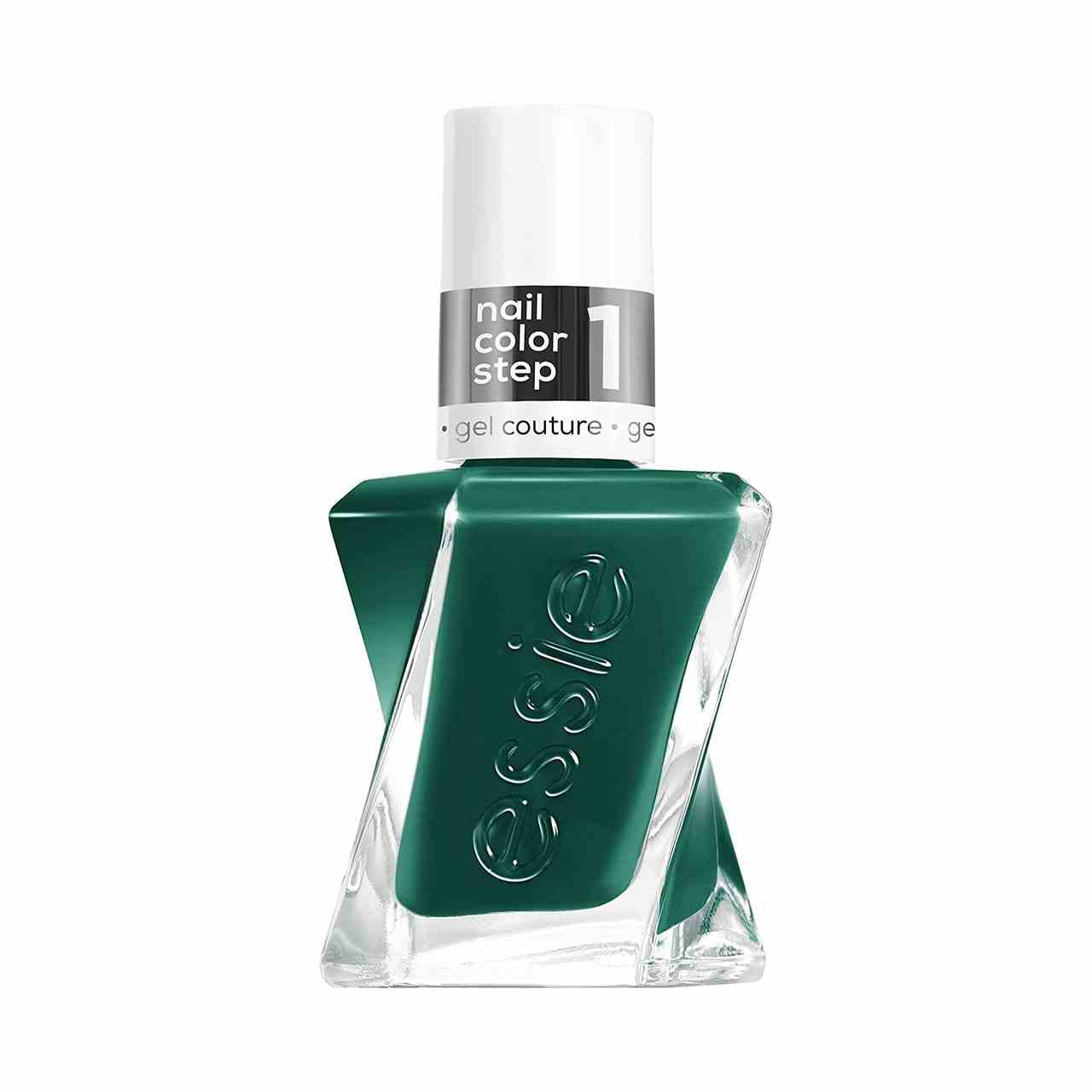 Essie Gel Couture Fashion Freedom Collection verdrehte Flasche dunkelgrünen Nagellack mit weißer Kappe auf weißem Hintergrund