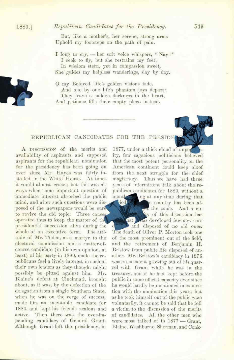 Original Magazinseite mit aufgemalten blauen Puzzleteilen