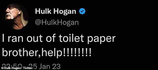 Tweet: Die 69-jährige Pro-Wrestling-Legende (geb. Terry Gene Bollea) ging am Mittwochabend zu Twitter und twitterte: „Mir ist das Toilettenpapier ausgegangen, Bruder, Hilfe!!!!!!!!“