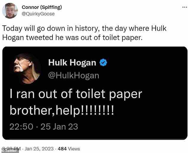 Geschichte: @QuirkyGoose twitterte: „Heute wird in die Geschichte eingehen, der Tag, an dem Hulk Hogan twitterte, dass ihm das Toilettenpapier ausgegangen sei.“