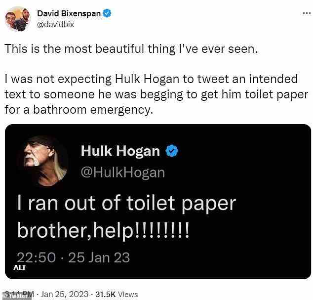 Wunderschön: @DavidBixenspan fügte hinzu: „Das ist das Schönste, was ich je gesehen habe.  Ich hatte nicht erwartet, dass Hulk Hogan jemandem einen beabsichtigten Text twittern würde, den er anflehte, ihm Toilettenpapier für einen Notfall auf der Toilette zu besorgen.