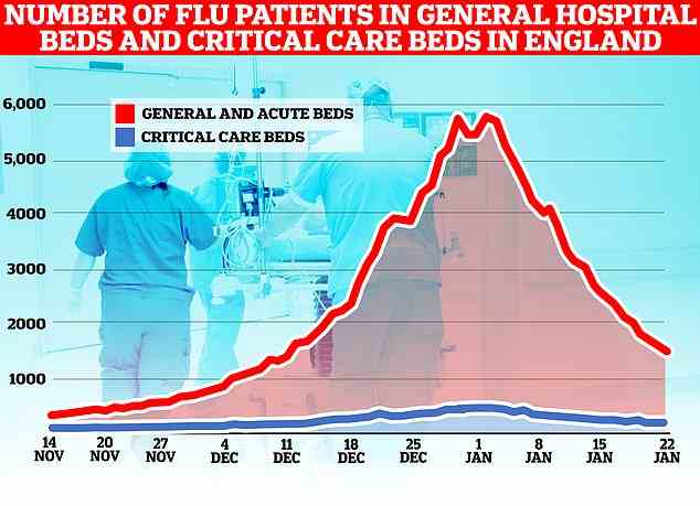 Durchschnittlich 2.034 Grippepatienten befanden sich in der Woche bis zum 22. Januar in Englands Krankenhäusern, was einem Rückgang von 40 Prozent in einer Woche und einem Rückgang von zwei Dritteln gegenüber der Woche bis zum 1. Januar entspricht, als die Fälle am höchsten waren
