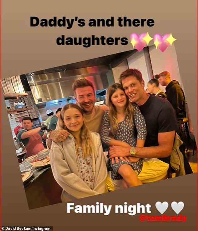 Pals: Joinng the Beckham's on the night out was American footballer Tom Brady who brought along his daughter Vivian, 10, who he shares with ex Gisele Bundchen