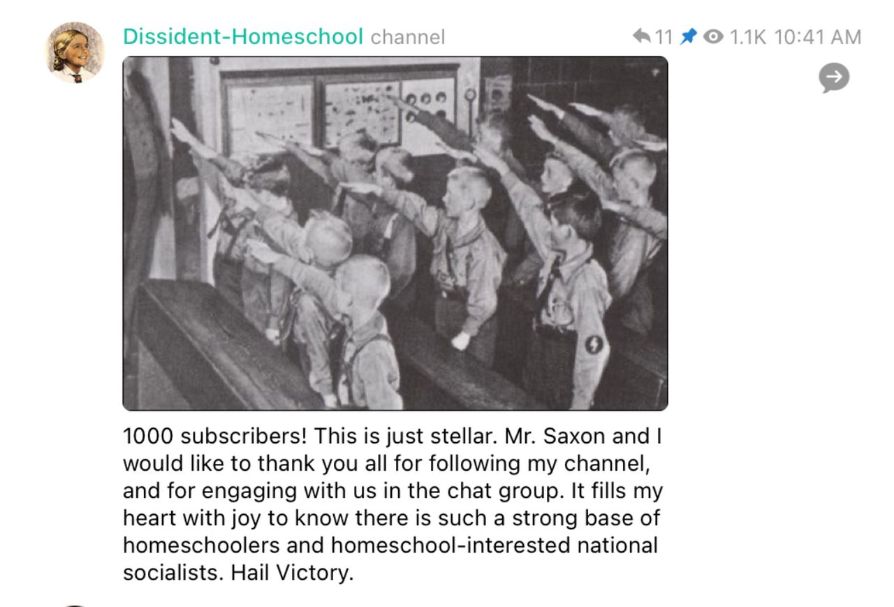 A post from Dissident Homeschool, a channel on Telegram where neo-Nazis learn to indoctrinate their children.