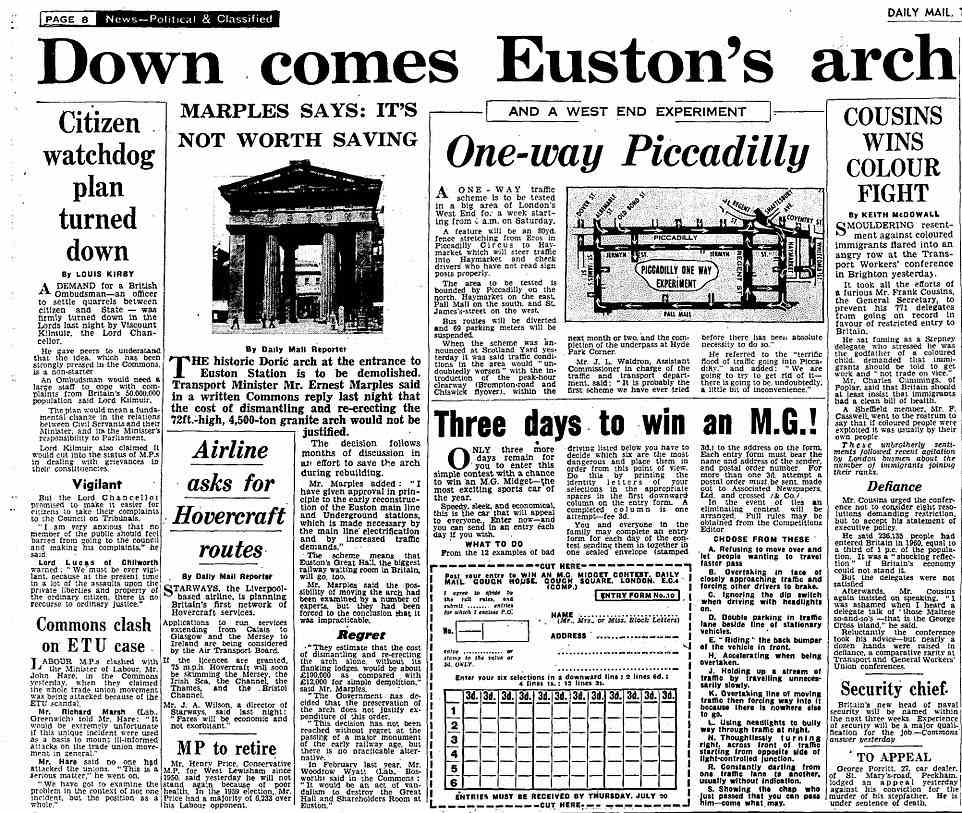 The Daily Mail's report in 1961 that the Euston Arch was to be demolished