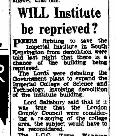 The Daily Mail's 1956 report on the potential demolition of the Imperial Institute