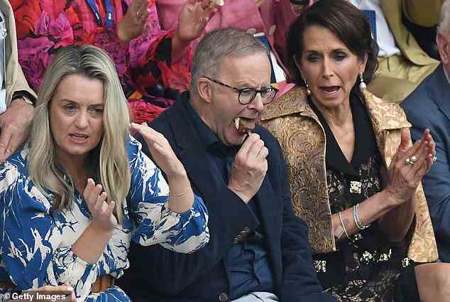 Prime Minister Anthony Albanese scoffing an ice cream at the tennis with his partner Jodie Haydon and Virgin CEO Jayne Hrdlicka at the men's singles final on Sunday
