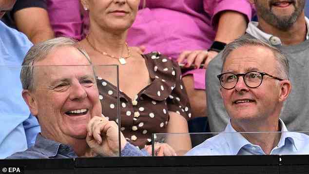 Prime Minister Anthony Albanese (pictured right) and former Liberal treasurer Peter Costello were spotted sitting together at the Australian Open on Saturday night