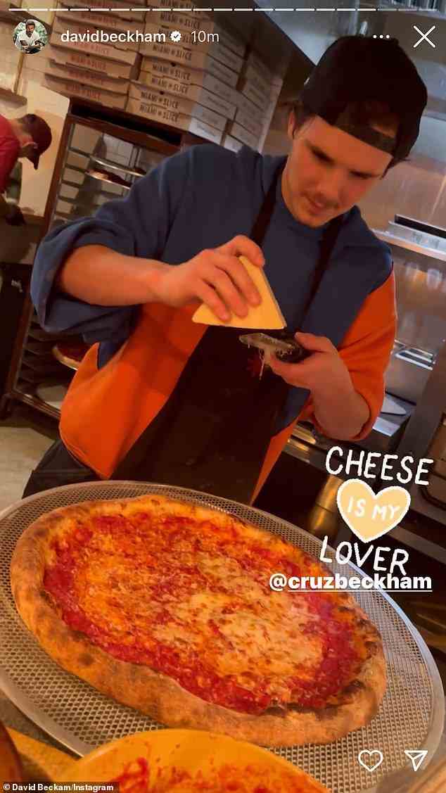 Tutorial: Cruz Beckham showed his older brother Brooklyn how to cook as he whipped up a pizza on a family outing in Miami on Wednesday evening
