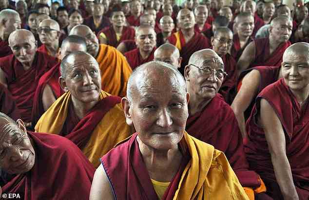 Forscher in China untersuchten das Darmmikrobiom und Blutproben tibetischer Mönche und verglichen sie mit Einheimischen, die eine ähnliche Ernährung befolgten, aber nicht meditierten.  Die Ergebnisse zeigten, dass Mönche höhere Mikrobenwerte hatten, die mit einem geringeren Risiko für Angstzustände, Depressionen und Herzerkrankungen und einem stärkeren Immunsystem verbunden waren.  Im Bild: Tibetische Mönche besuchen 2015 Gebete im Tempel Tsuglag Khang in Dharamsala, Himachal Pradesh, Indien